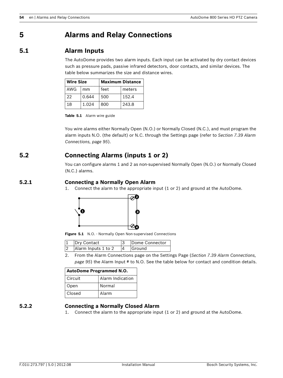 Bosch Appliances VG5 800 SERIES Alarms and Relay Connections, Alarm Inputs, Connecting Alarms inputs 1 or 