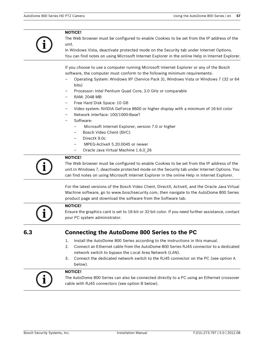 Bosch Appliances VG5 800 SERIES installation manual Connecting the AutoDome 800 Series to the PC 