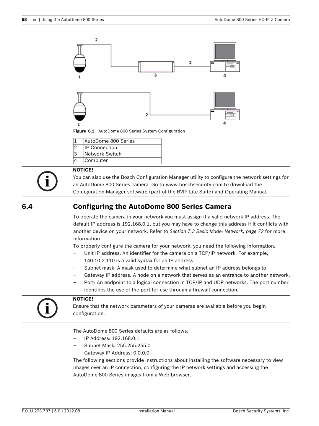 Bosch Appliances VG5 800 SERIES Configuring the AutoDome 800 Series Camera, AutoDome 800 Series System Configuration 