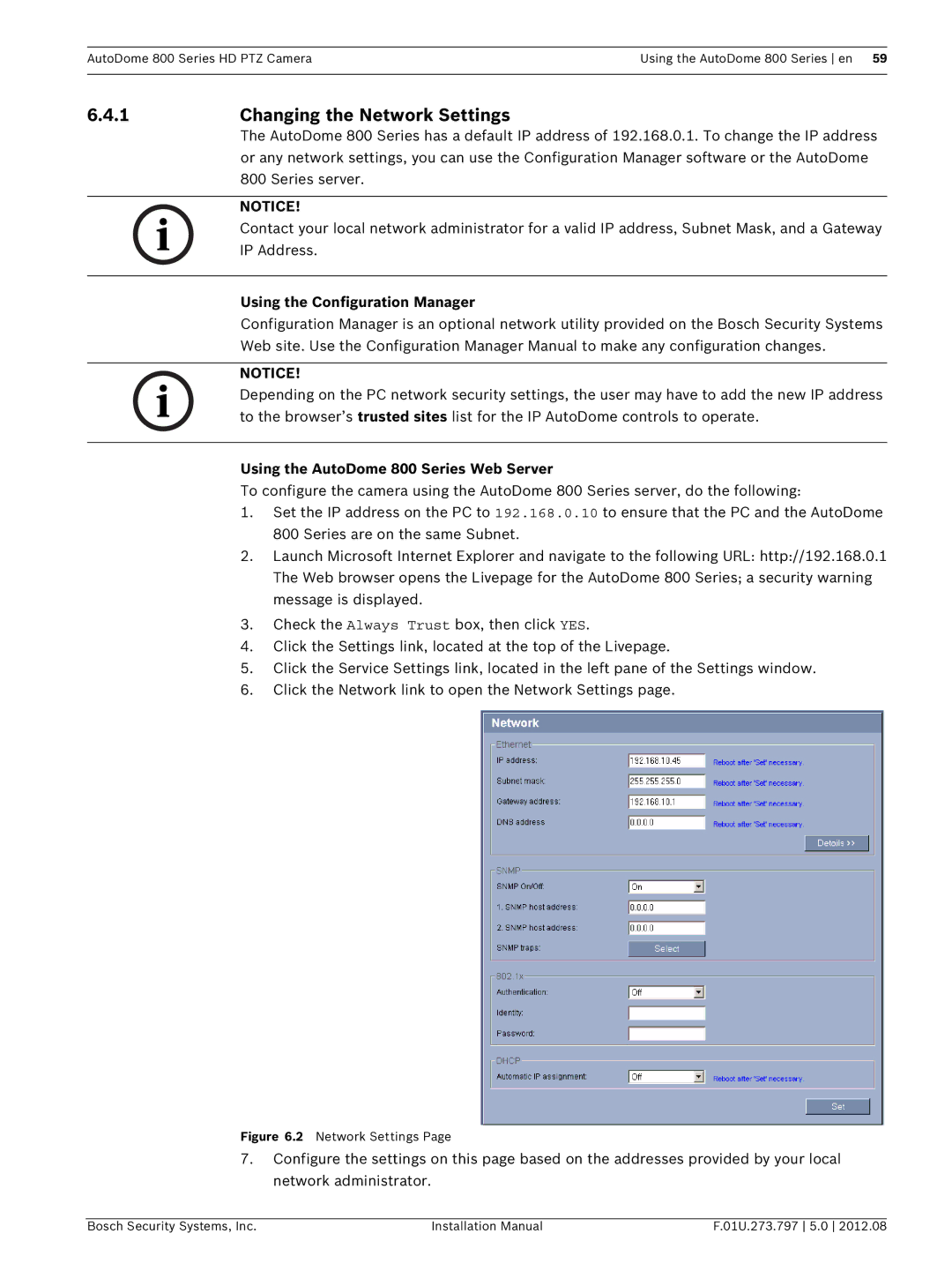 Bosch Appliances VG5 800 SERIES installation manual Changing the Network Settings, Using the Configuration Manager 