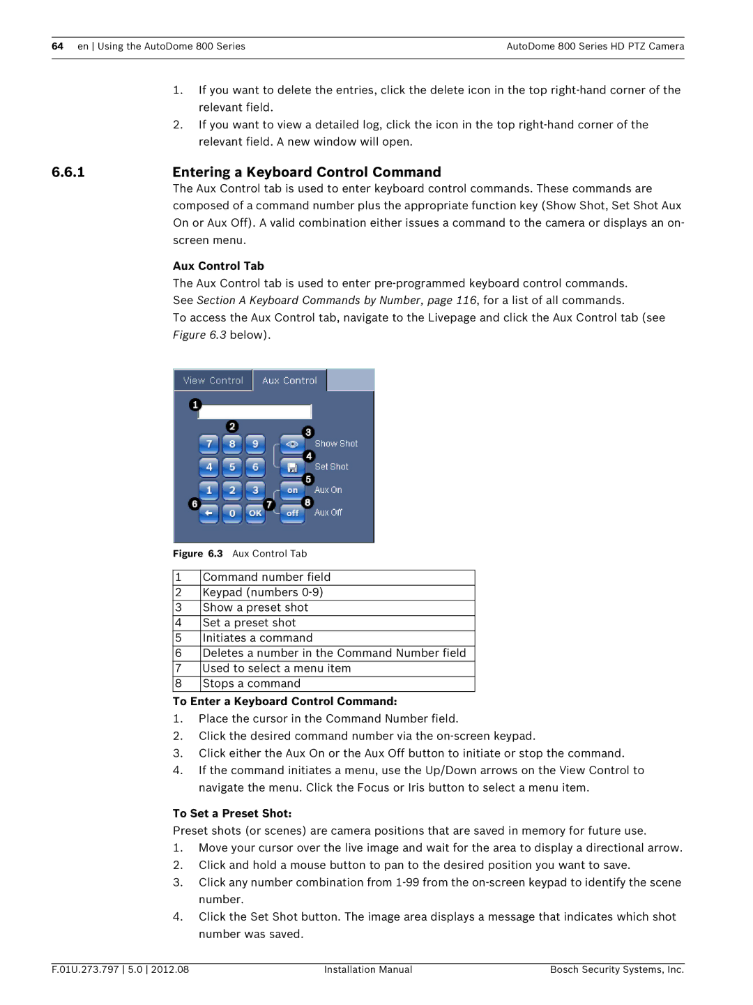 Bosch Appliances VG5 800 SERIES 1Entering a Keyboard Control Command, Aux Control Tab, To Enter a Keyboard Control Command 