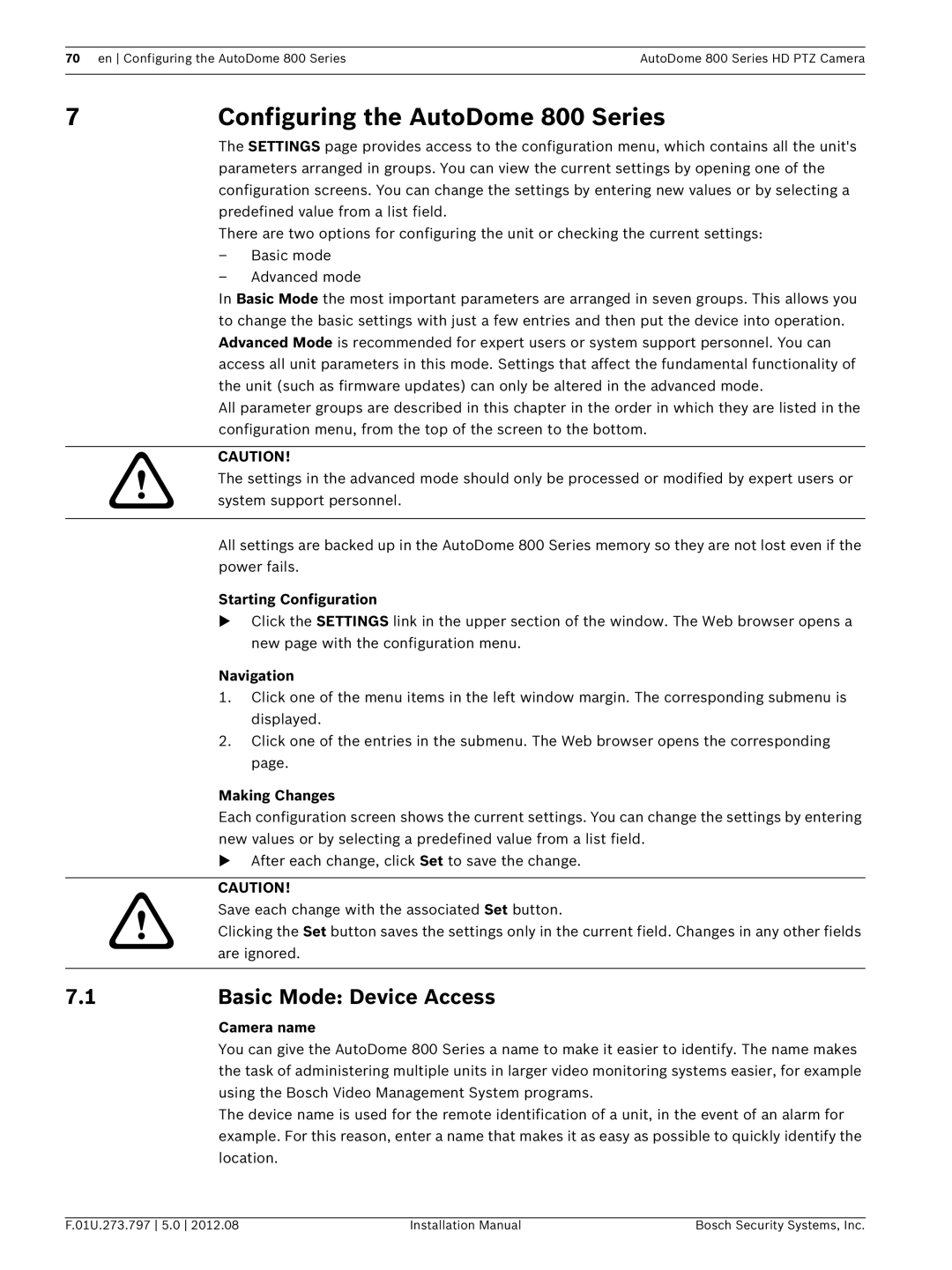 Bosch Appliances VG5 800 SERIES installation manual Configuring the AutoDome 800 Series, Basic Mode Device Access 