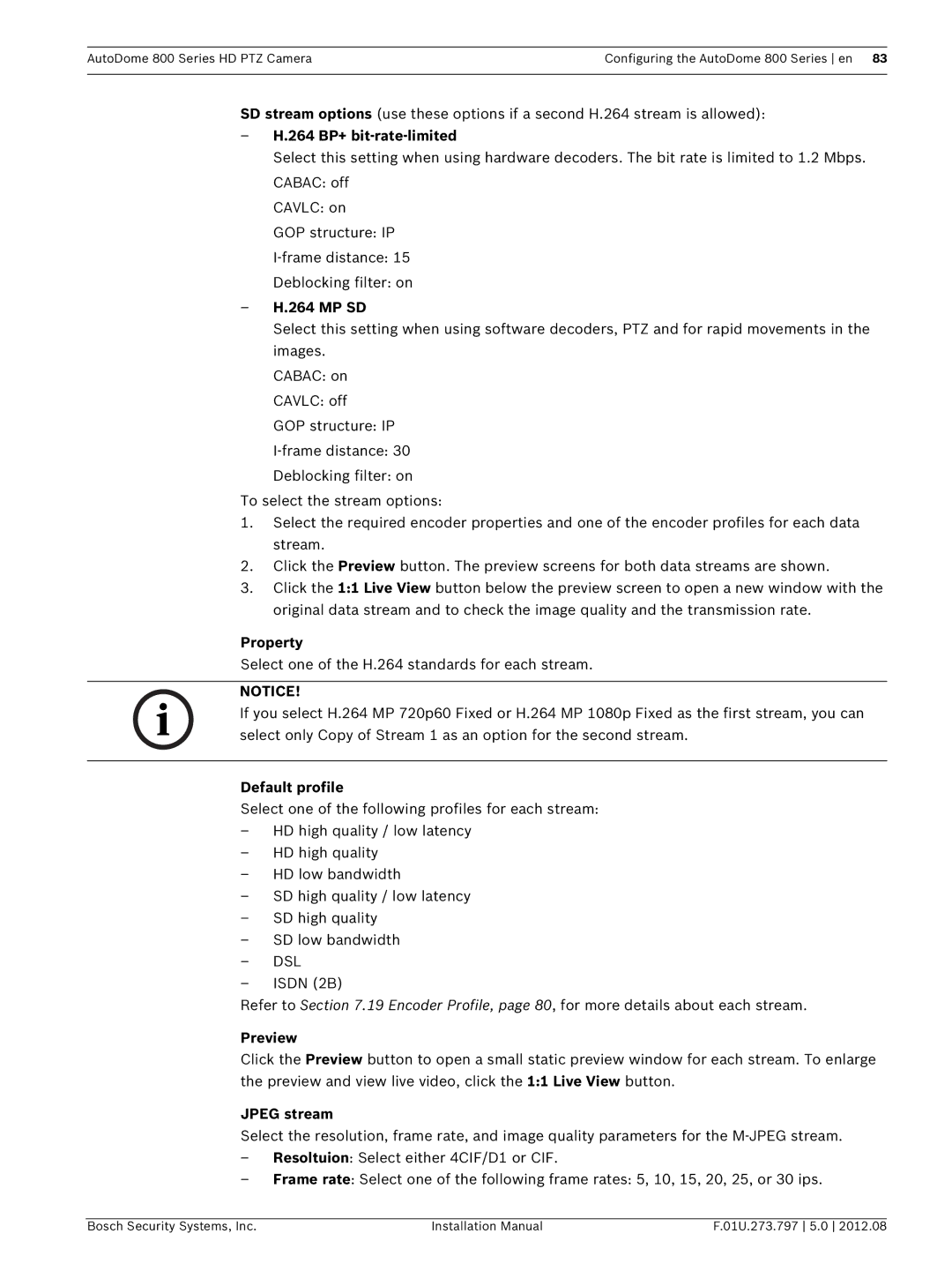 Bosch Appliances VG5 800 SERIES installation manual 264 BP+ bit-rate-limited, Mp Sd, Property, Preview, Jpeg stream 