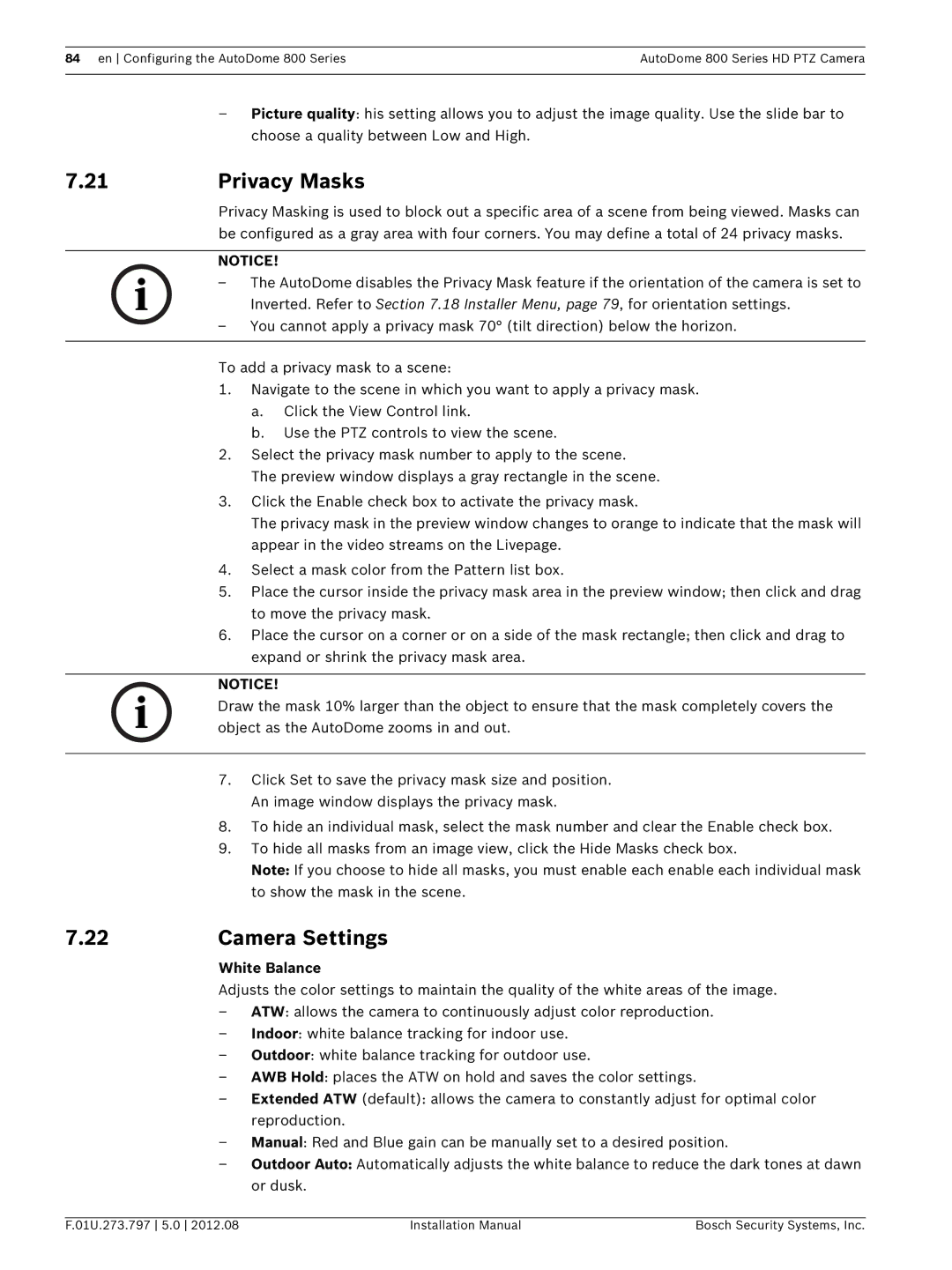 Bosch Appliances VG5 800 SERIES installation manual Privacy Masks, Camera Settings, White Balance 