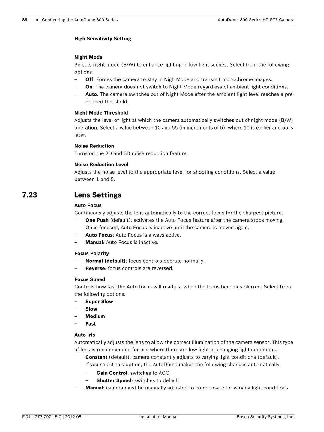 Bosch Appliances VG5 800 SERIES installation manual Lens Settings 