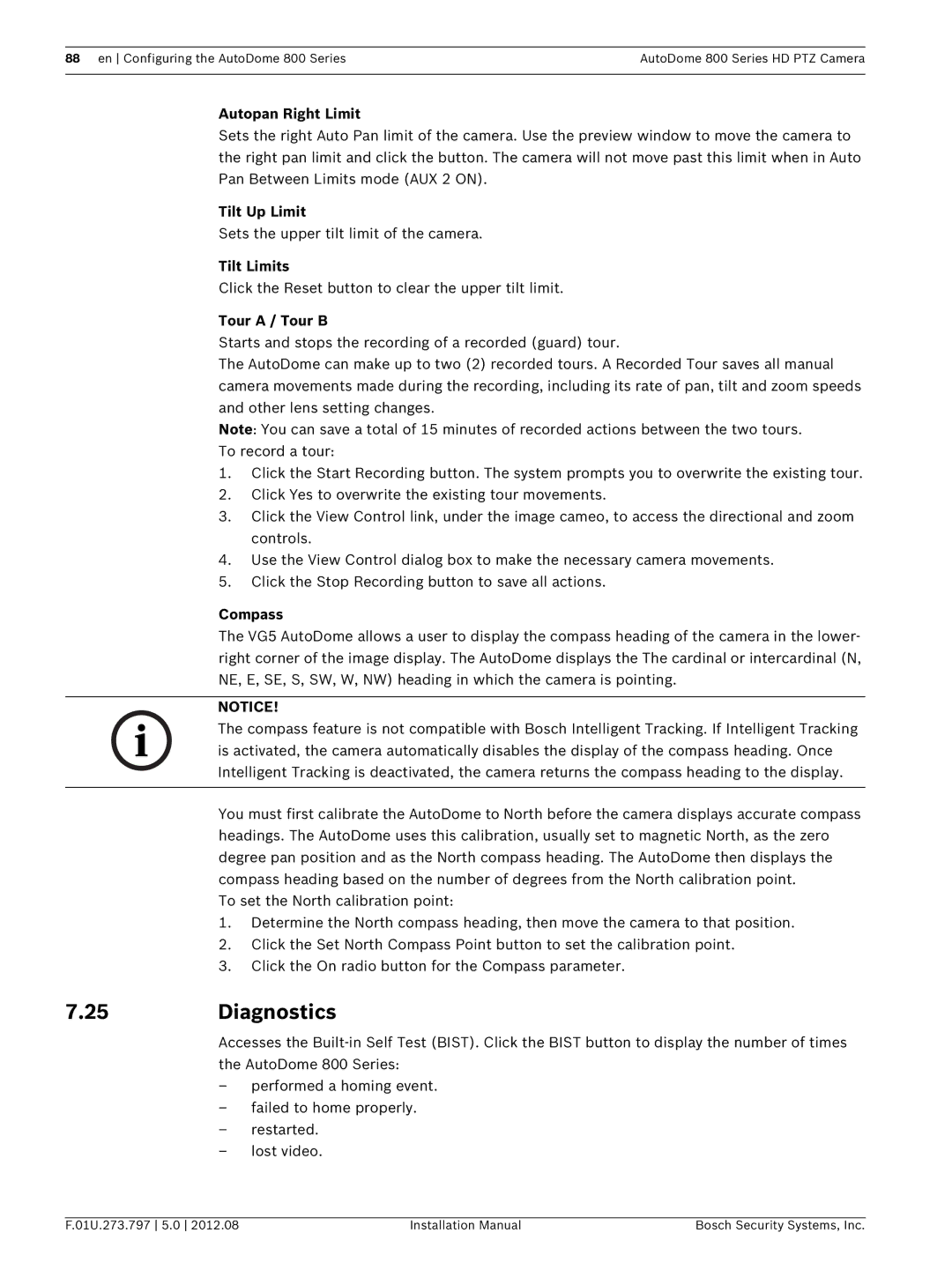 Bosch Appliances VG5 800 SERIES installation manual Diagnostics, Autopan Right Limit, Tilt Up Limit, Tilt Limits, Compass 