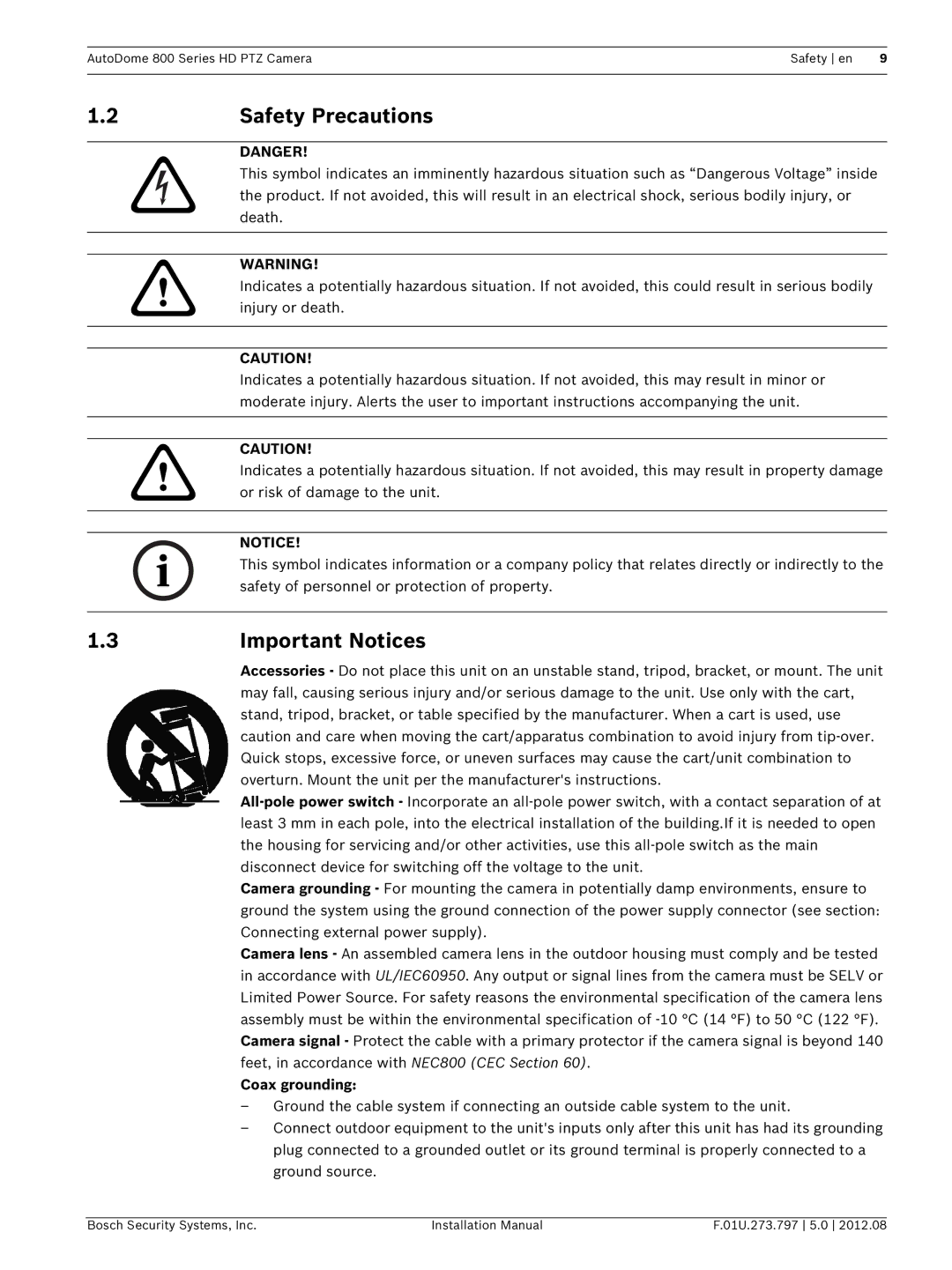 Bosch Appliances VG5 800 SERIES installation manual Safety Precautions, Important Notices, Coax grounding 