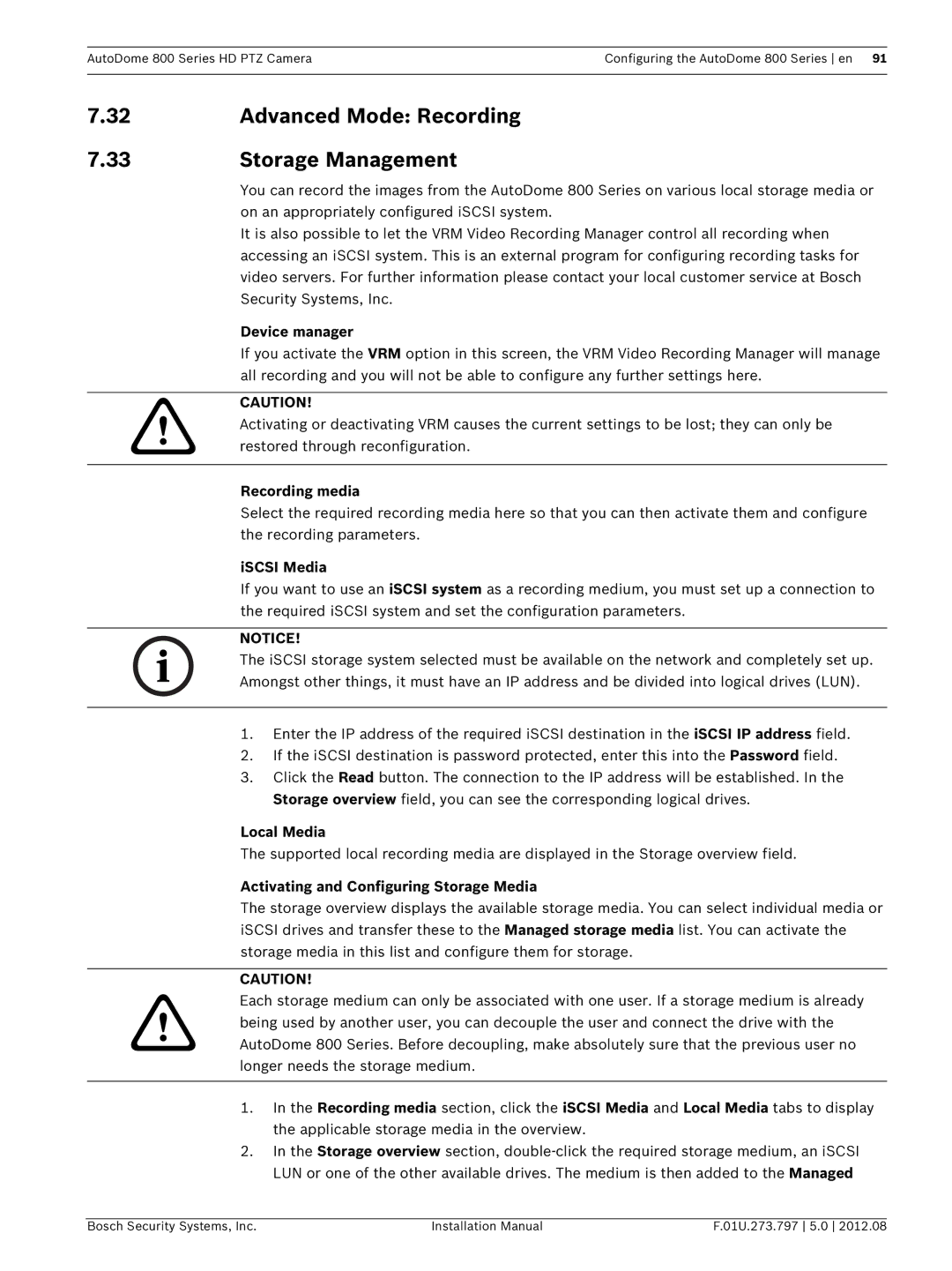 Bosch Appliances VG5 800 SERIES installation manual Advanced Mode Recording Storage Management 