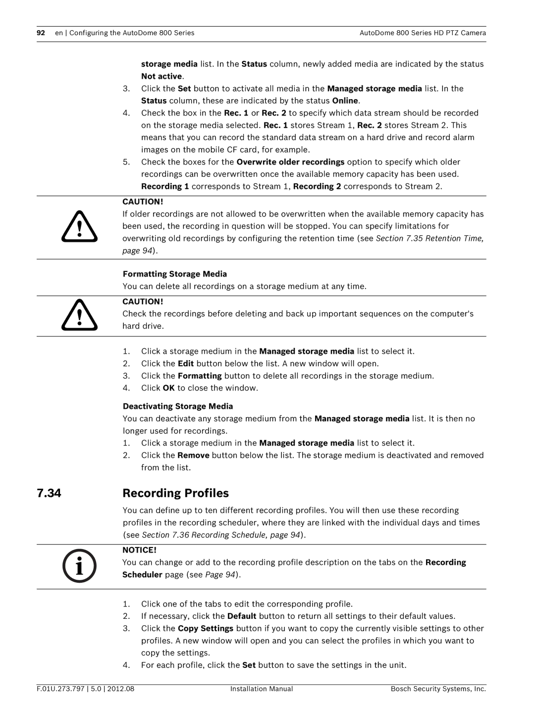 Bosch Appliances VG5 800 SERIES Recording Profiles, Not active, Formatting Storage Media, Deactivating Storage Media 