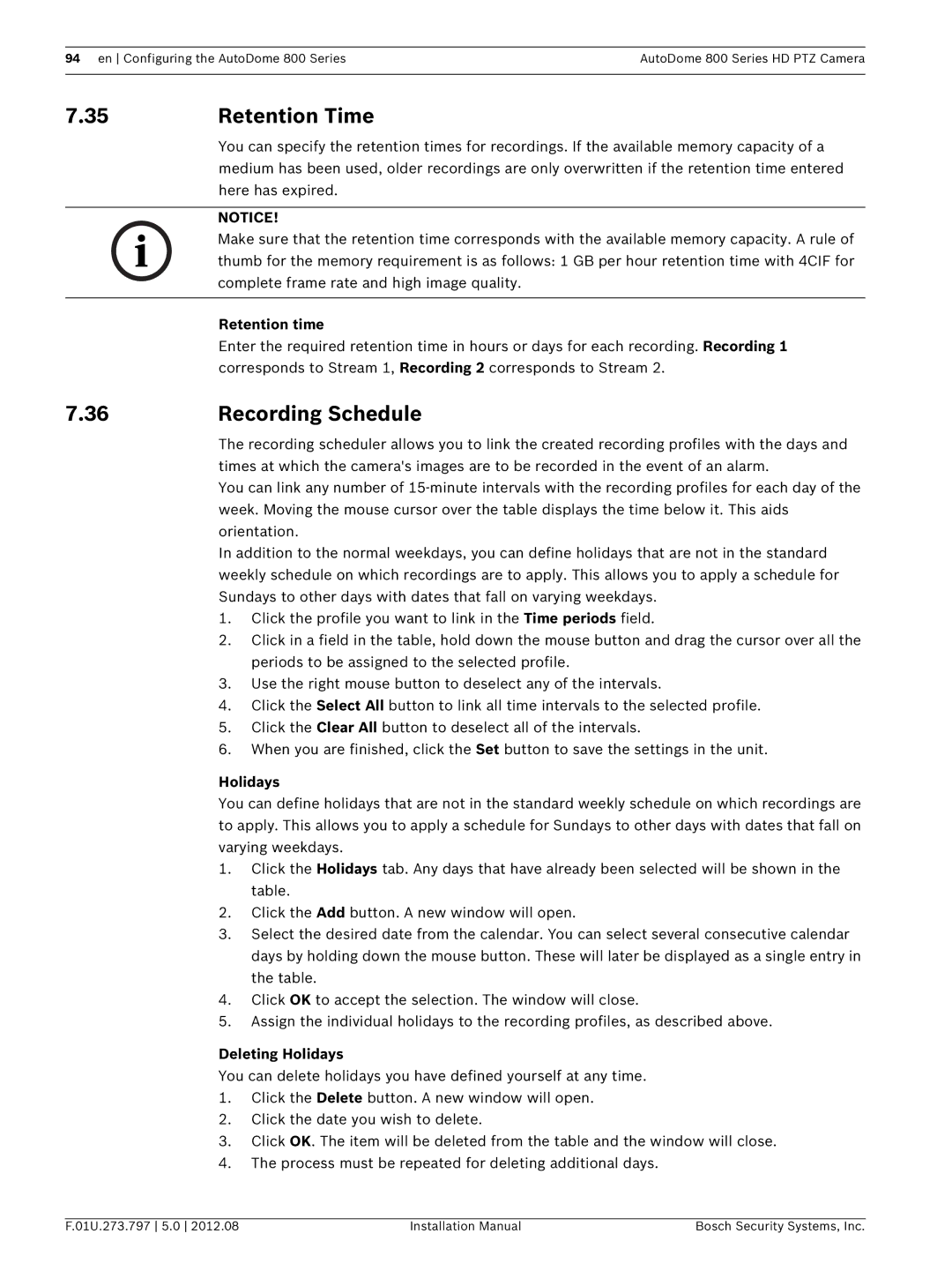 Bosch Appliances VG5 800 SERIES Retention Time, Recording Schedule, Retention time, Deleting Holidays 