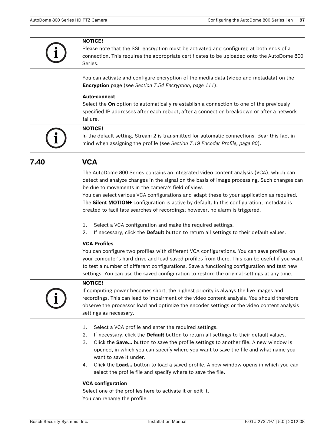 Bosch Appliances VG5 800 SERIES installation manual 40 VCA, Auto-connect, VCA Profiles, VCA configuration 