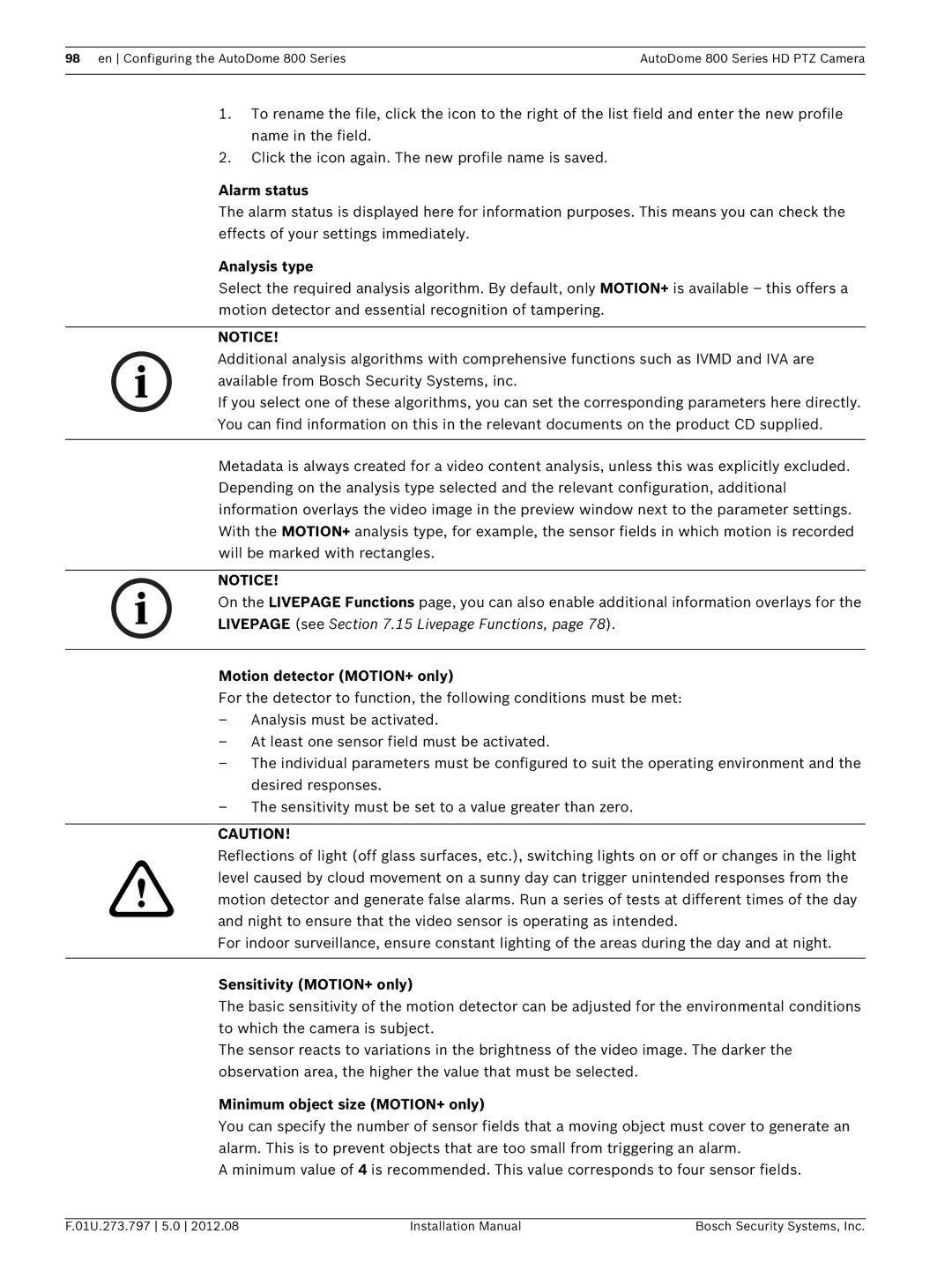 Bosch Appliances VG5 800 SERIES Alarm status, Analysis type, Motion detector MOTION+ only, Sensitivity MOTION+ only 