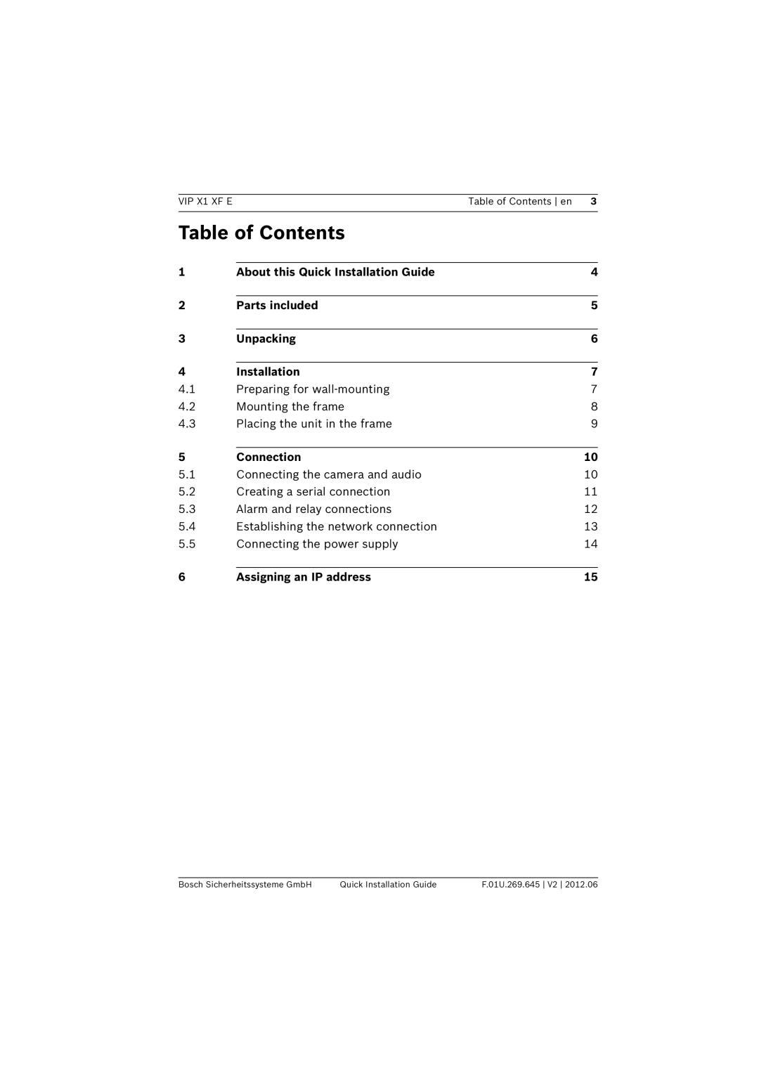 Bosch Appliances VIP X1 XF E manual Table of Contents 