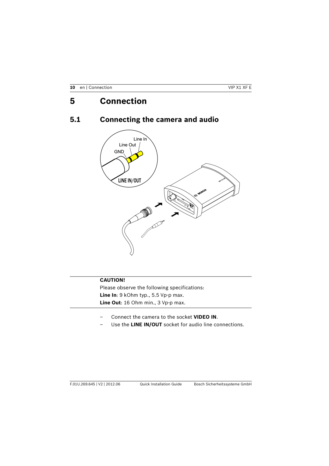 Bosch Appliances VIP X1 XF E manual 5Connection, 5.1Connecting the camera and audio, en Connection, F.01U.269.645 | V2 