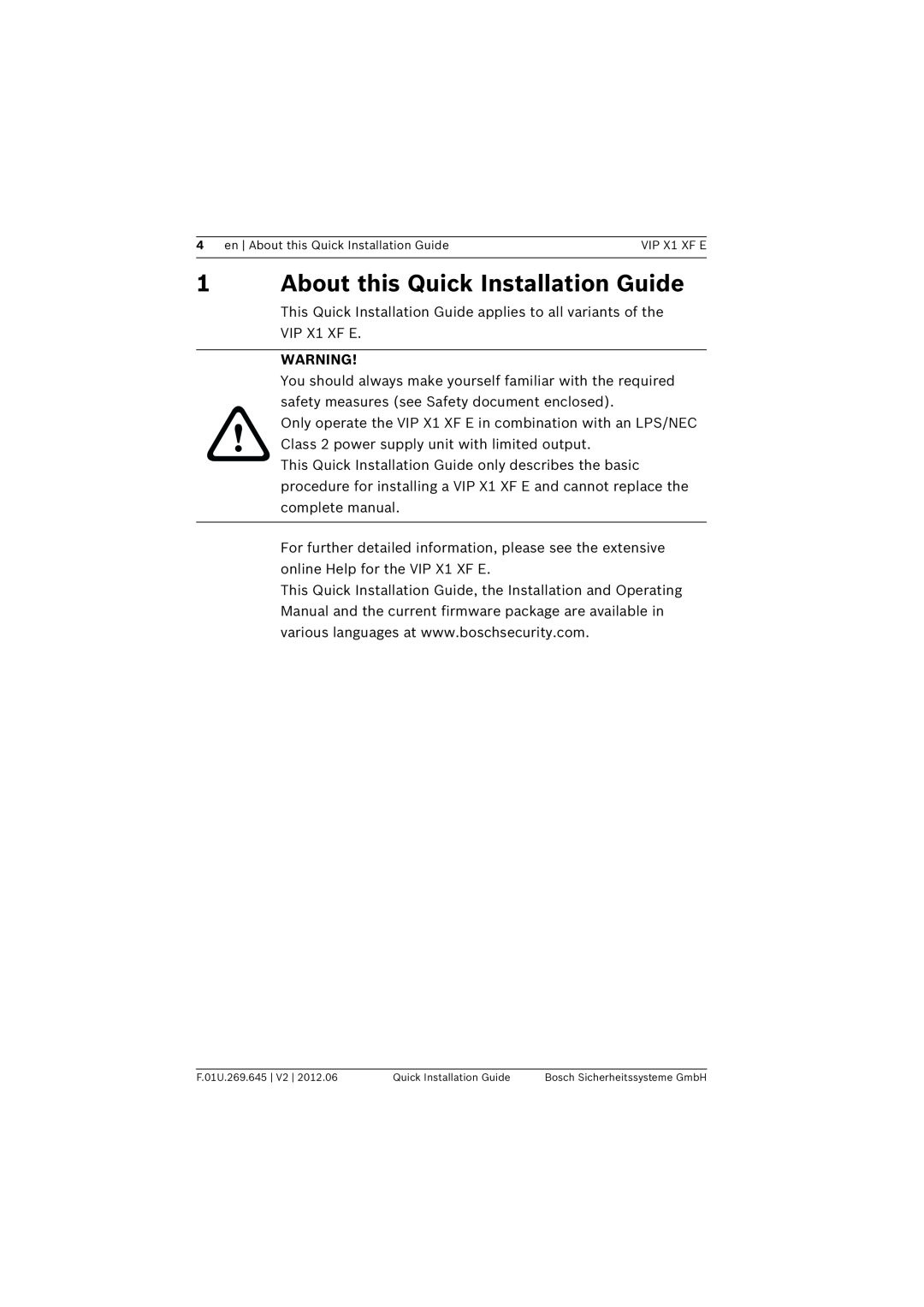 Bosch Appliances VIP X1 XF E manual 1About this Quick Installation Guide 