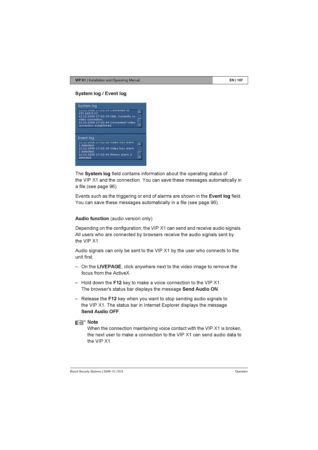 Bosch Appliances VIP X1 manual System log / Event log 