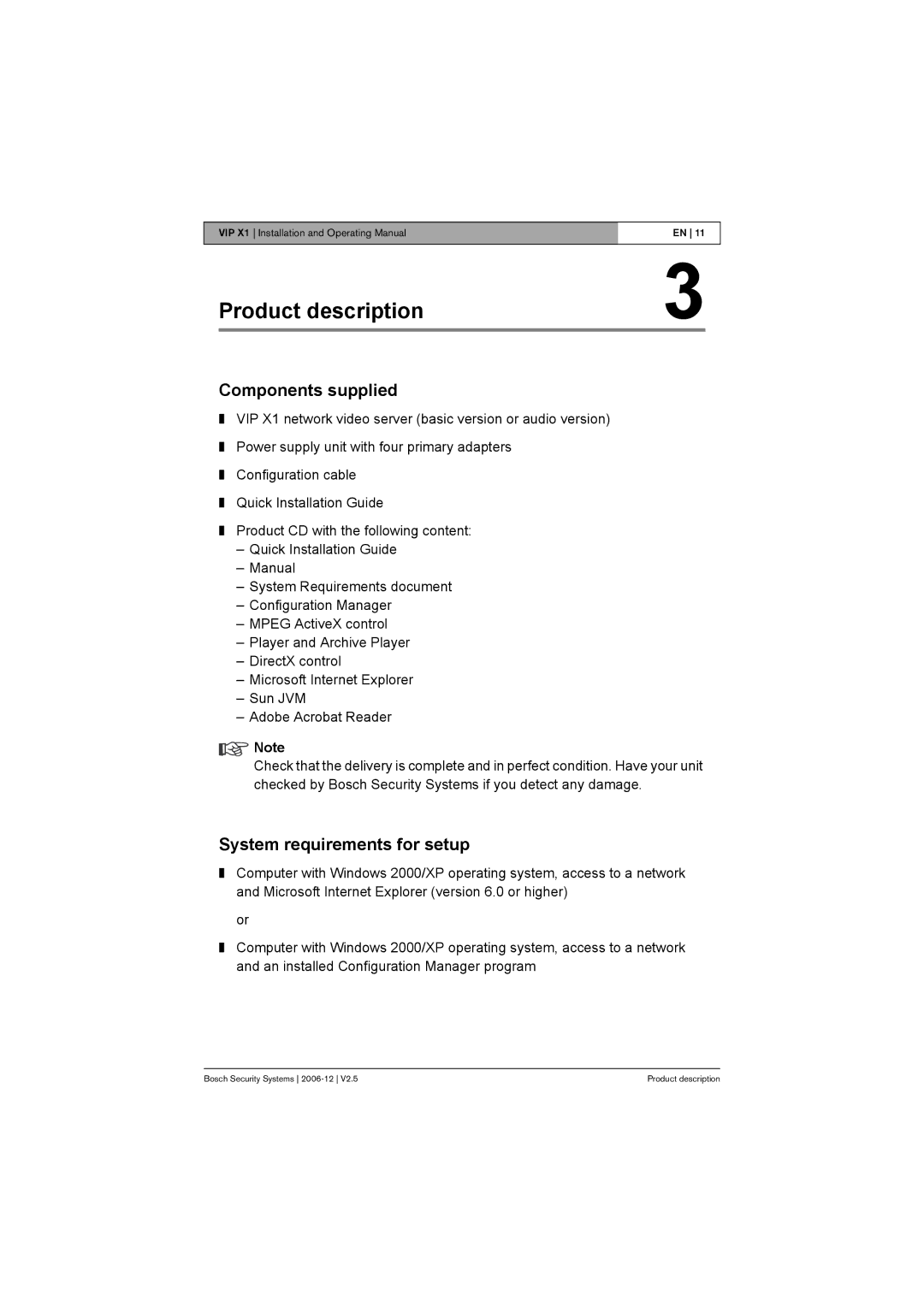 Bosch Appliances VIP X1 manual Components supplied, System requirements for setup 