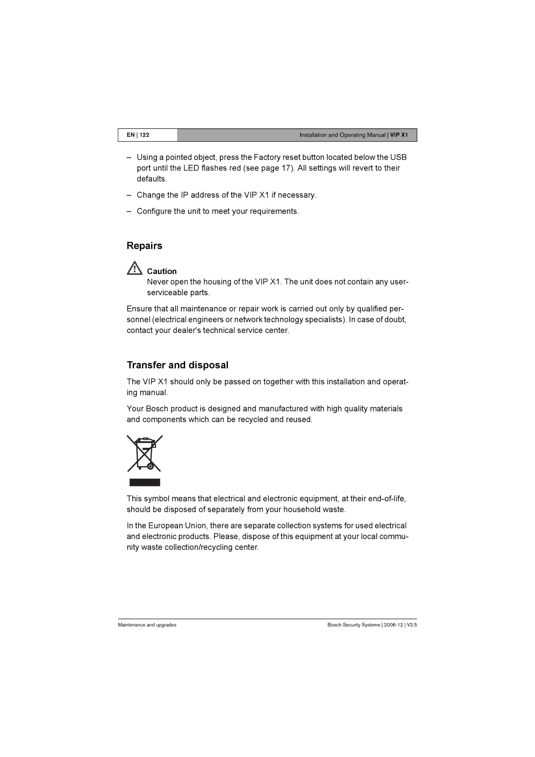 Bosch Appliances VIP X1 manual Repairs, Transfer and disposal 