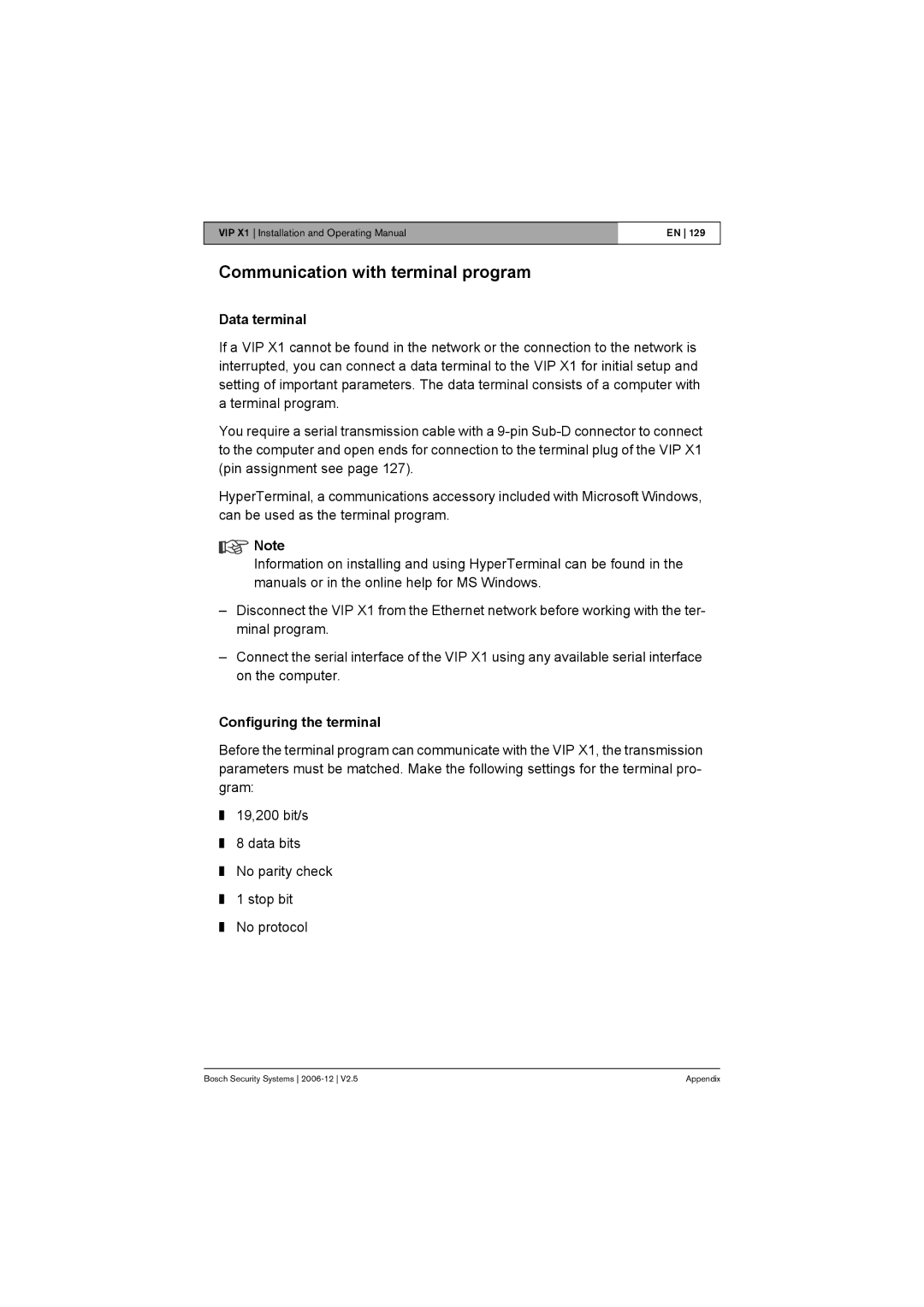 Bosch Appliances VIP X1 manual Communication with terminal program, Data terminal, Configuring the terminal 