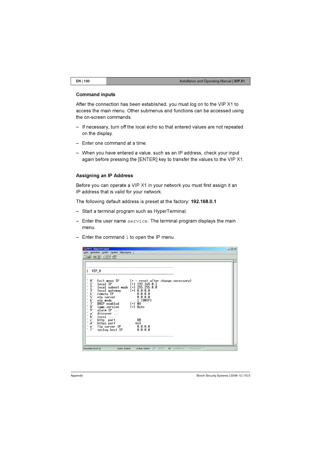 Bosch Appliances VIP X1 manual Command inputs, Assigning an IP Address 