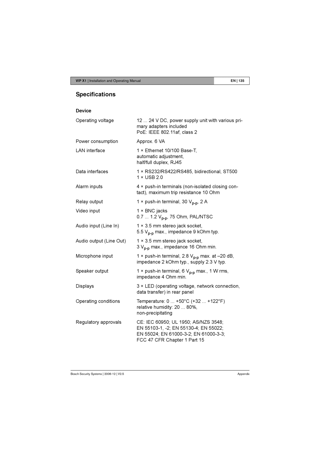 Bosch Appliances VIP X1 manual Specifications, Device 