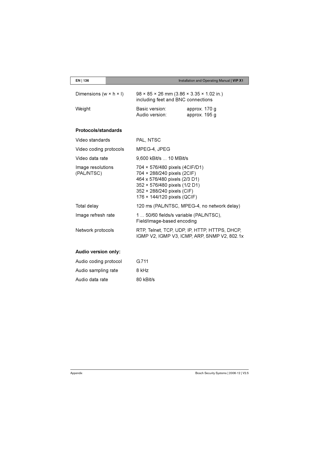 Bosch Appliances VIP X1 manual Protocols/standards, Audio version only 