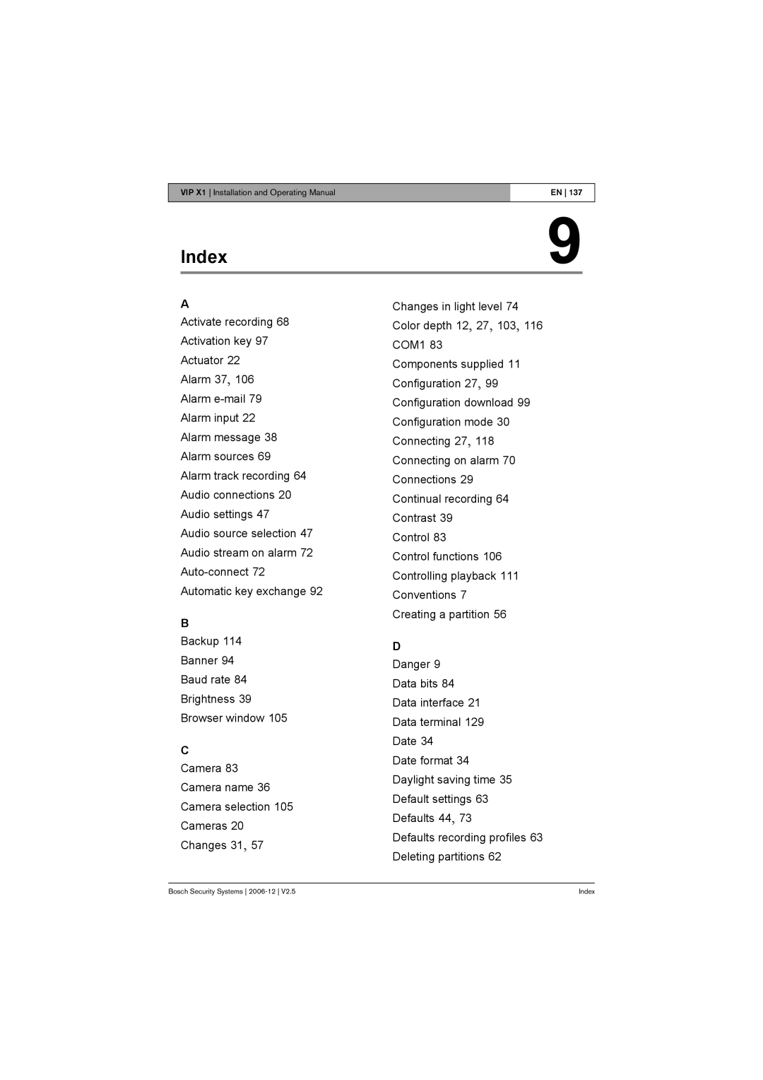 Bosch Appliances VIP X1 manual Index 