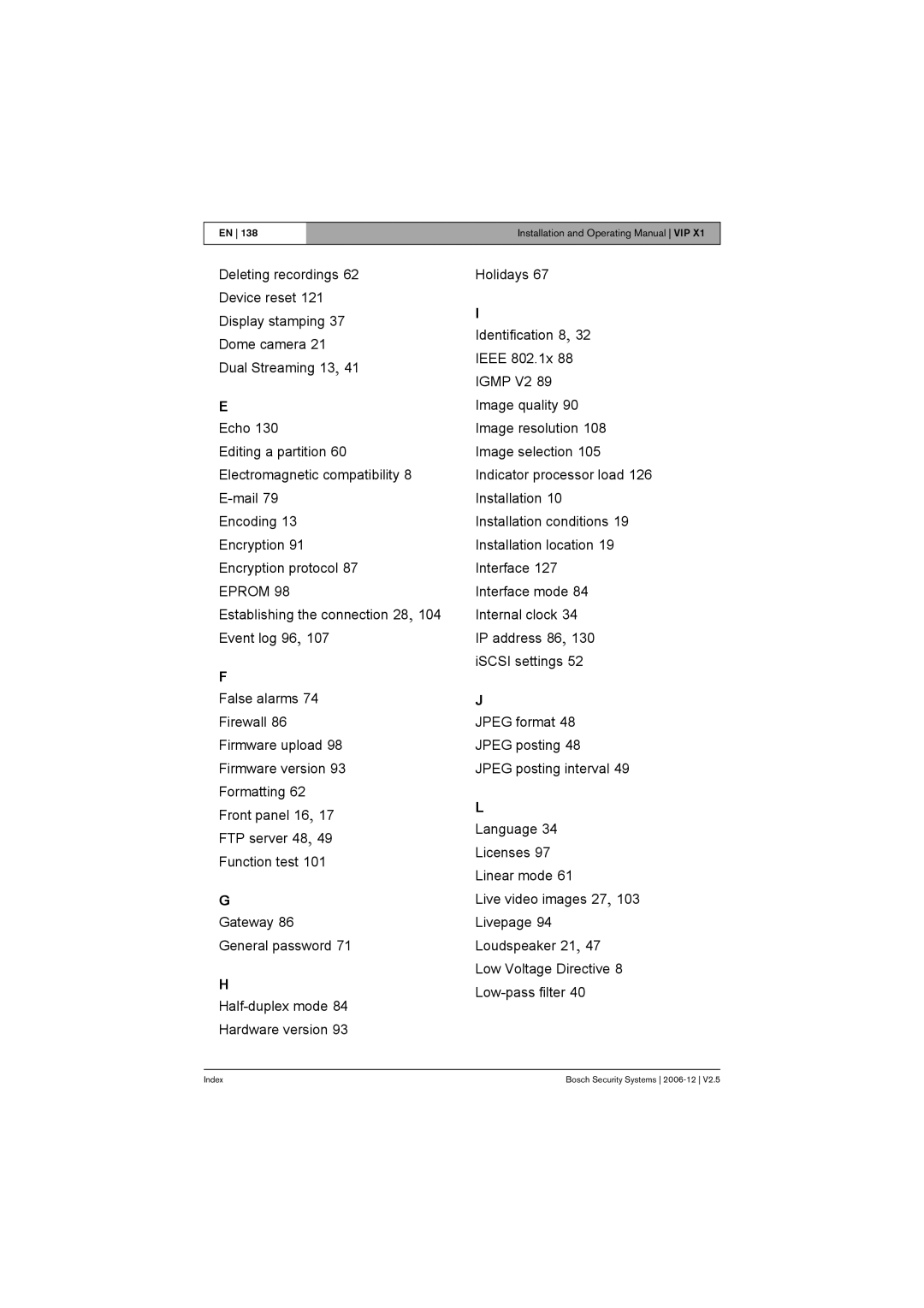 Bosch Appliances VIP X1 manual Index 