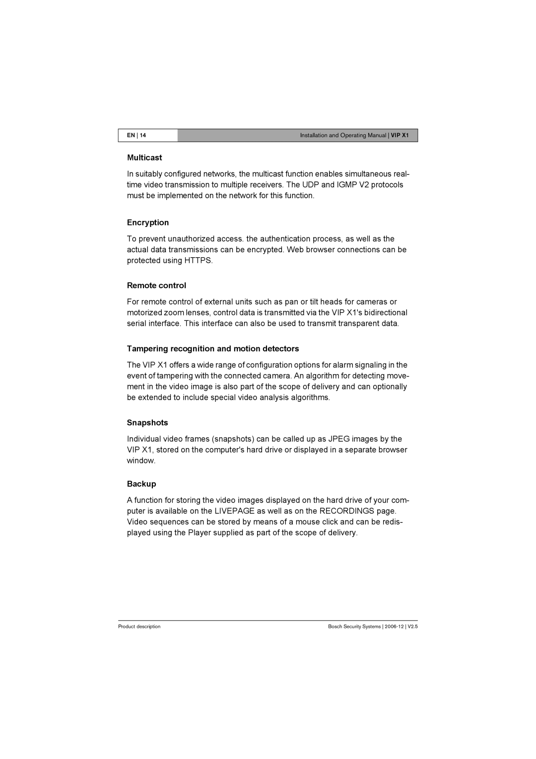 Bosch Appliances VIP X1 manual Multicast, Encryption, Remote control, Tampering recognition and motion detectors, Snapshots 