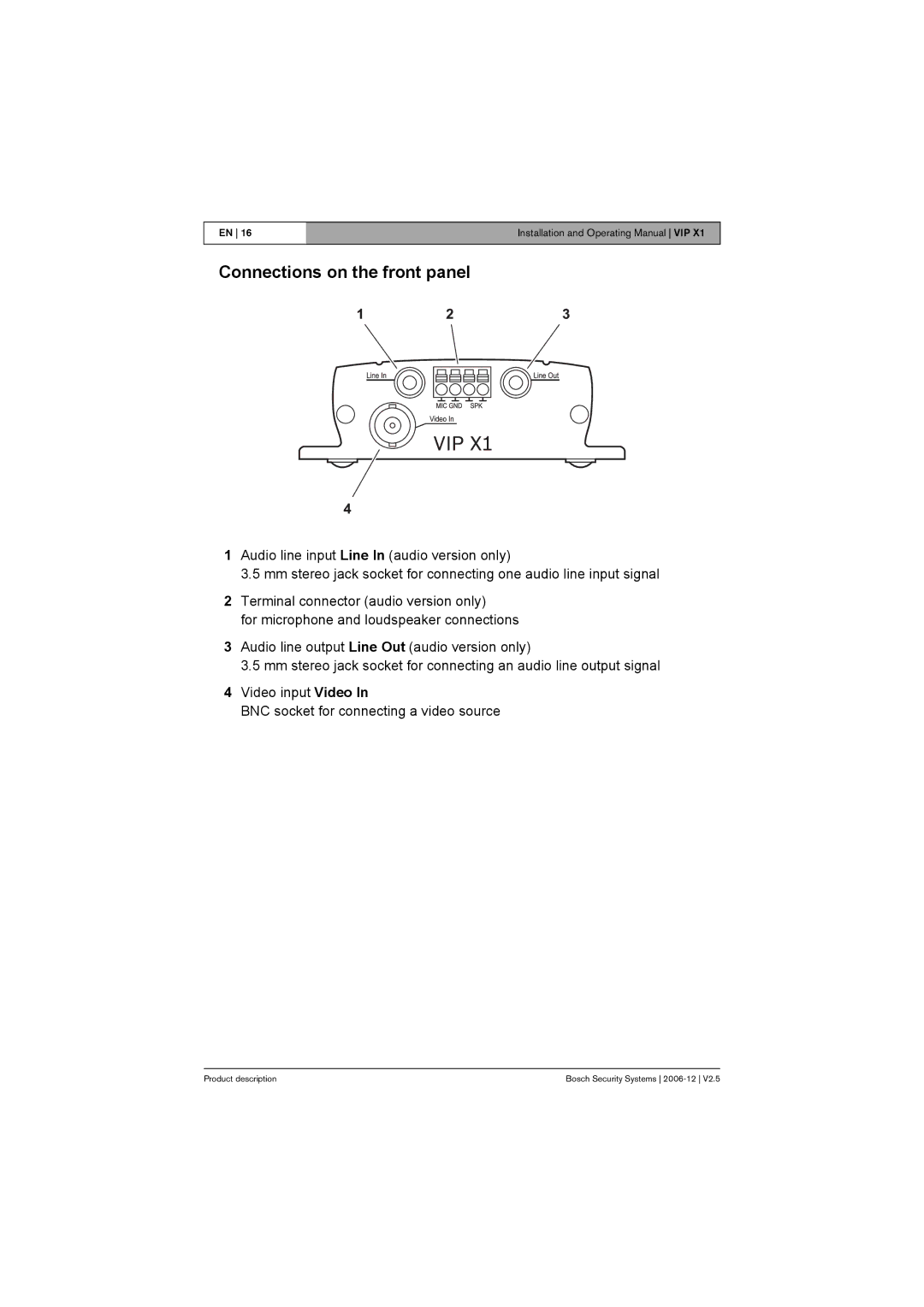 Bosch Appliances VIP X1 manual Connections on the front panel 