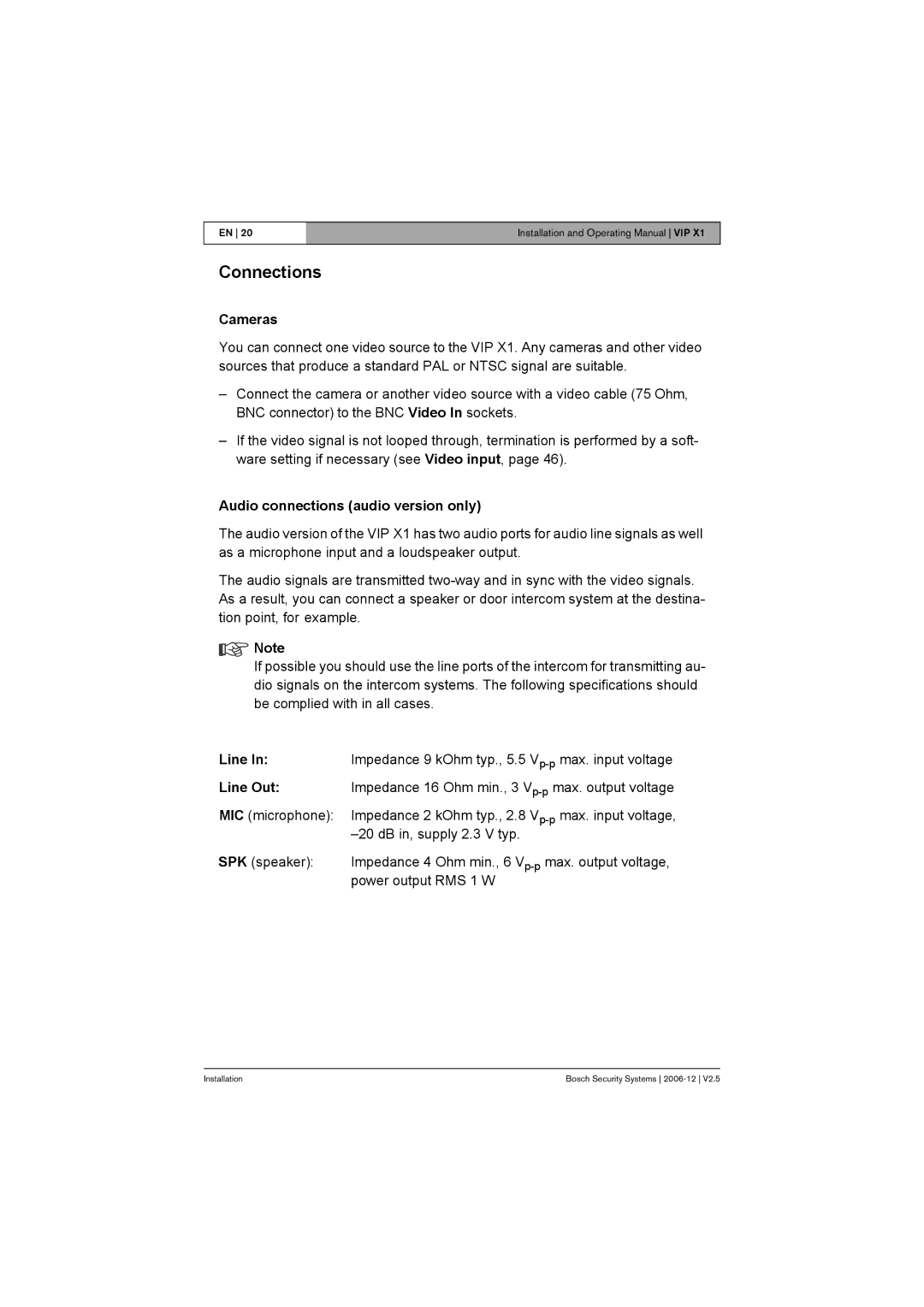 Bosch Appliances VIP X1 manual Connections, Cameras, Audio connections audio version only, Line Out 