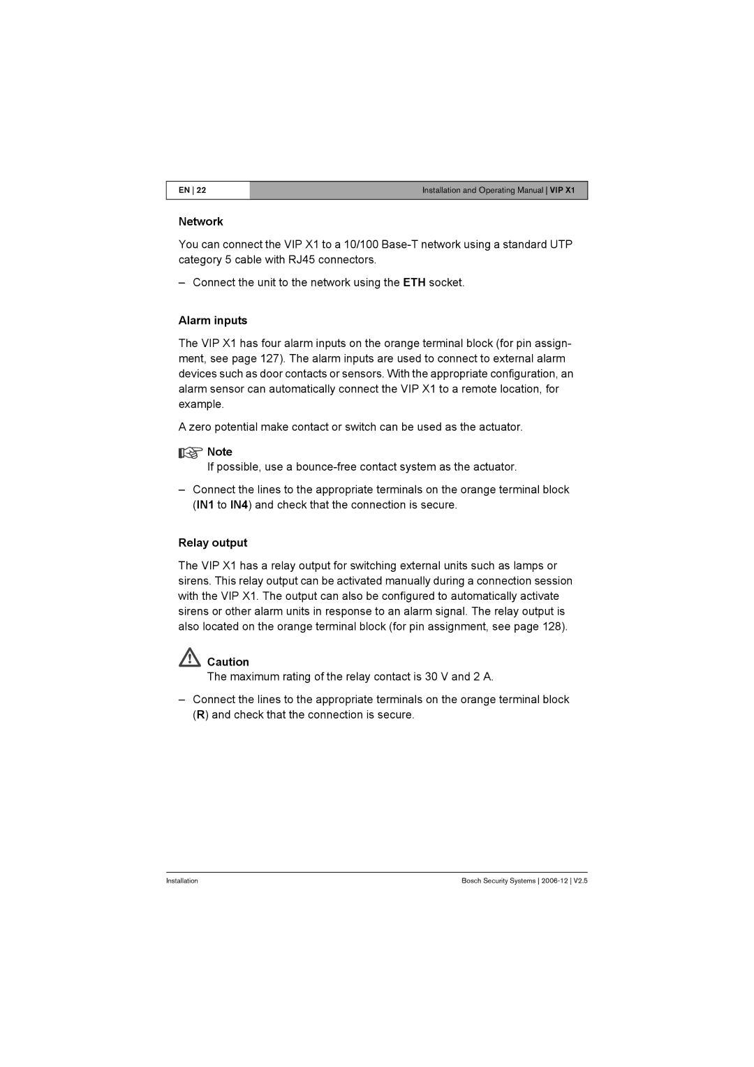 Bosch Appliances VIP X1 manual Network, Alarm inputs, Relay output 