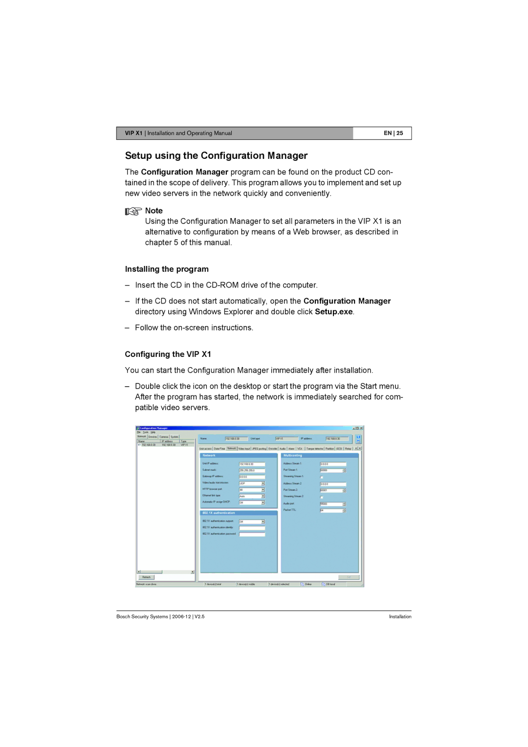 Bosch Appliances VIP X1 manual Setup using the Configuration Manager, Installing the program, Configuring the VIP 