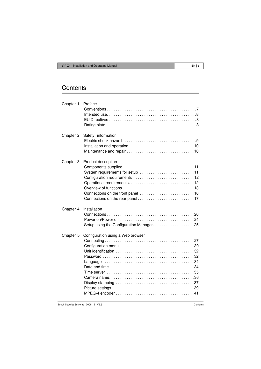 Bosch Appliances VIP X1 manual Contents 