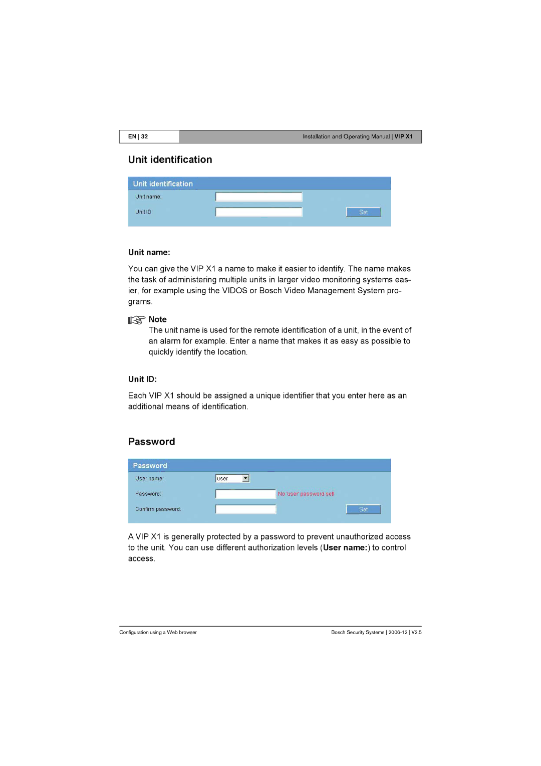 Bosch Appliances VIP X1 manual Unit identification, Password, Unit name, Unit ID 