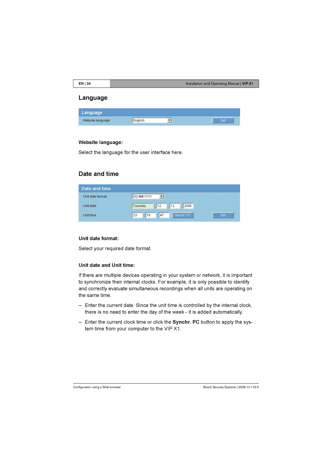 Bosch Appliances VIP X1 manual Language, Date and time, Website language, Unit date format, Unit date and Unit time 