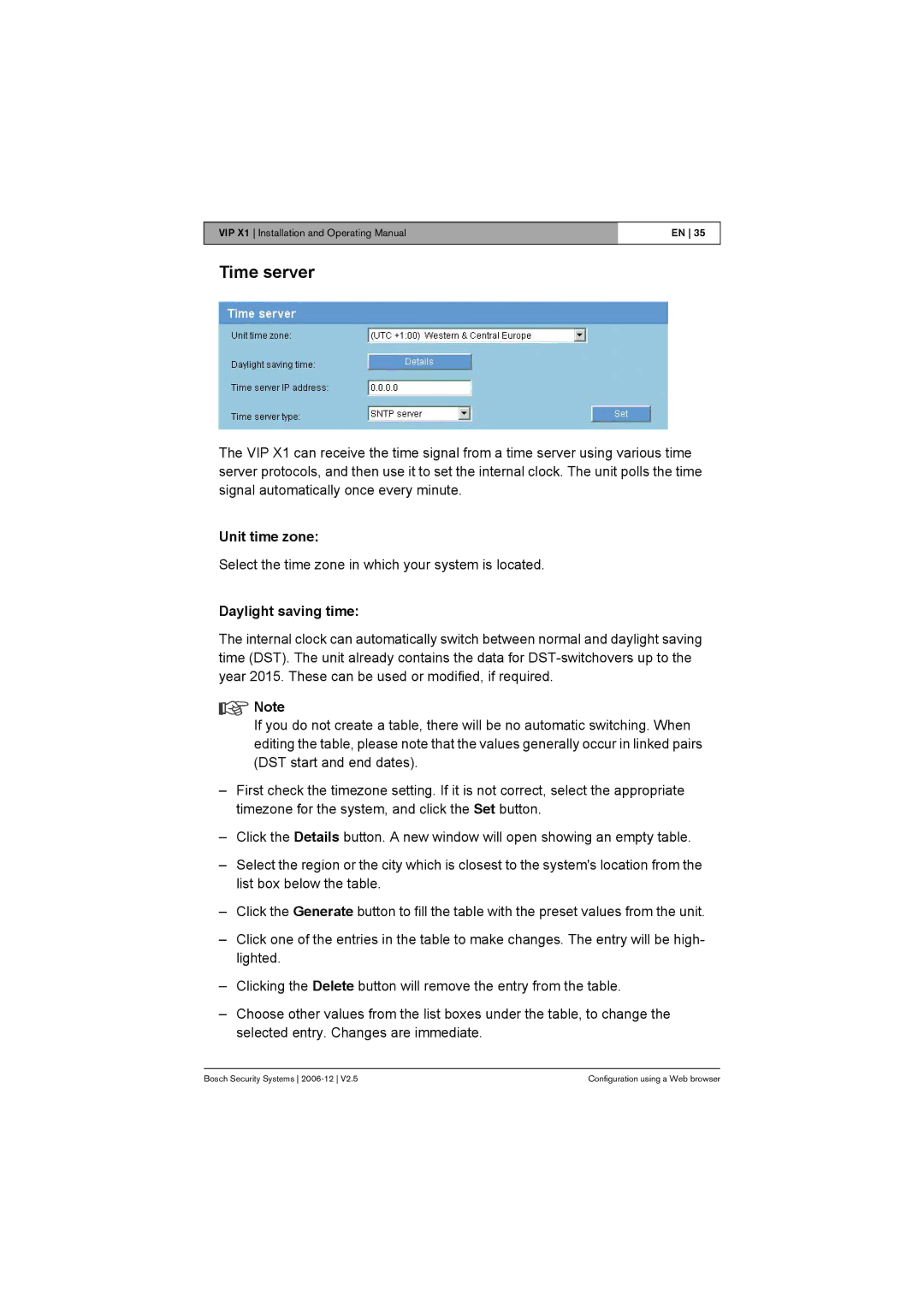 Bosch Appliances VIP X1 manual Time server, Unit time zone, Daylight saving time 