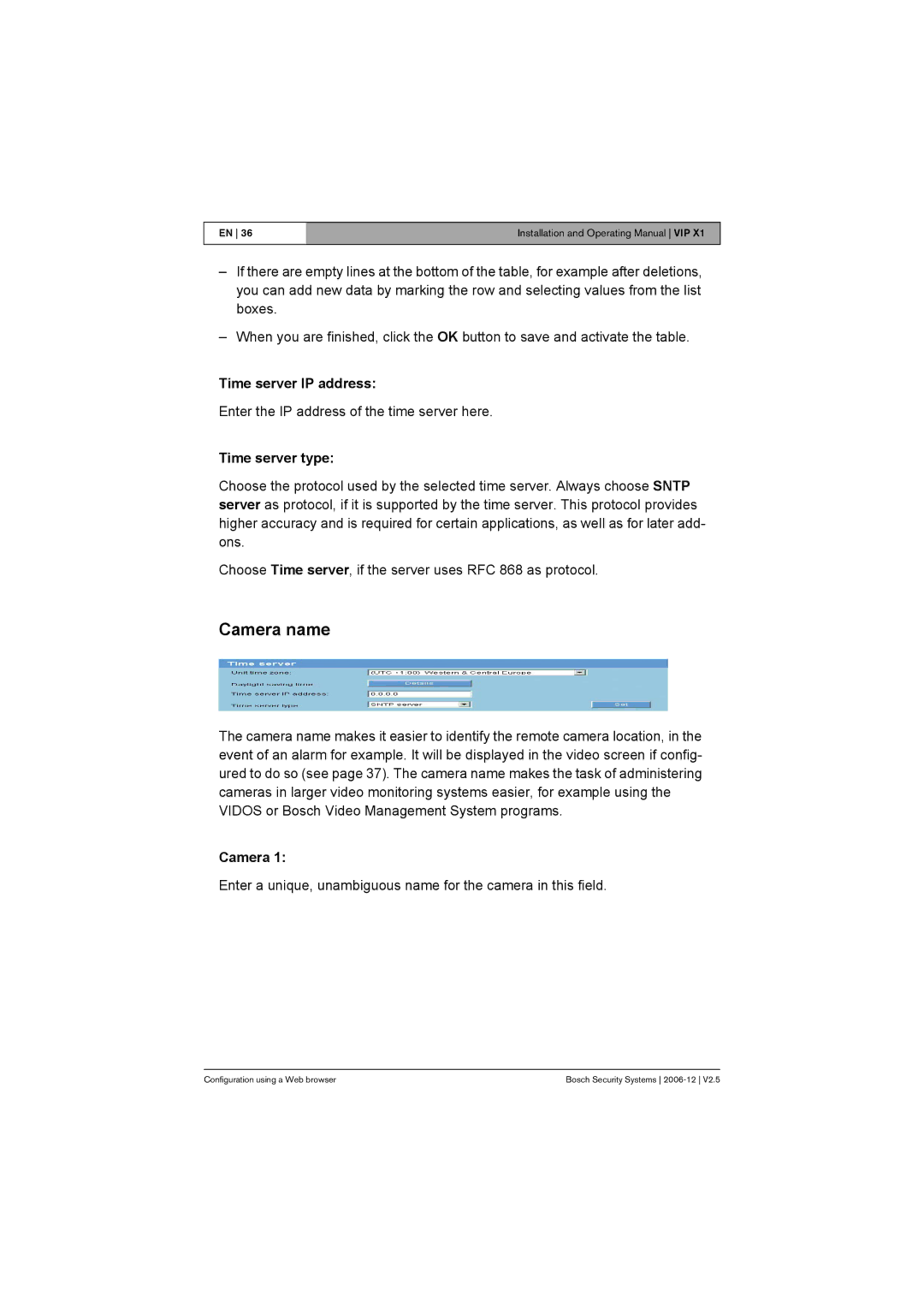 Bosch Appliances VIP X1 manual Camera name, Time server IP address, Time server type 