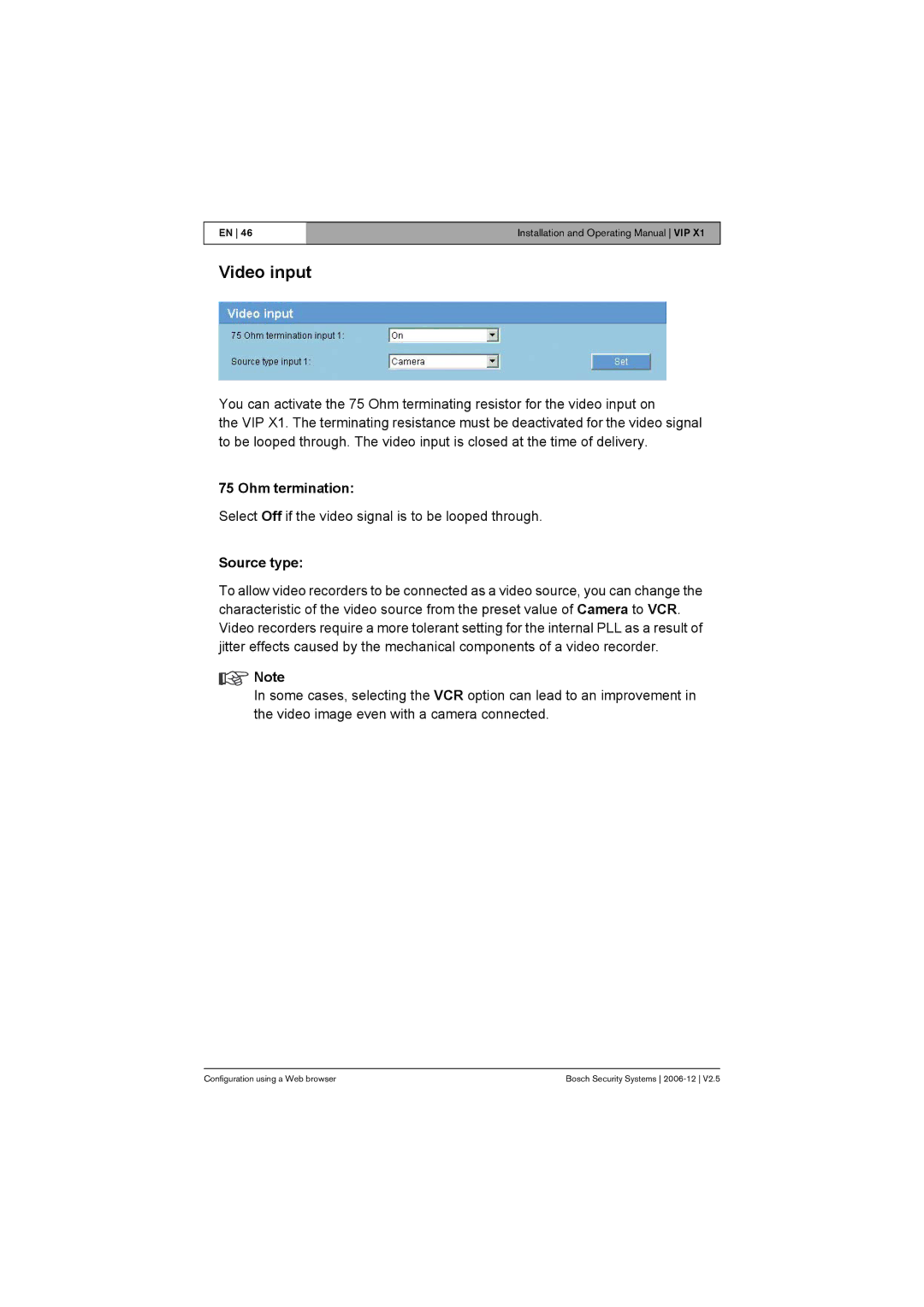 Bosch Appliances VIP X1 manual Video input, Ohm termination, Source type 