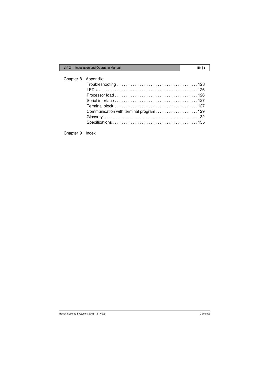 Bosch Appliances VIP X1 manual Chapter Appendix, Chapter Index 