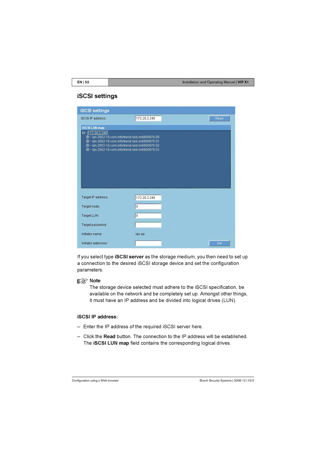 Bosch Appliances VIP X1 manual ISCSI settings, ISCSI IP address 