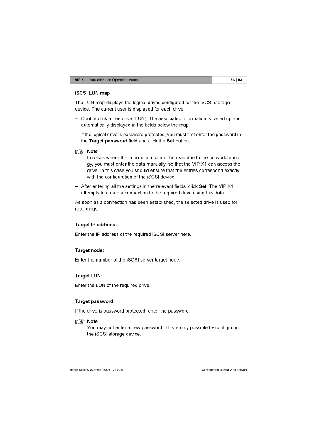 Bosch Appliances VIP X1 manual ISCSI LUN map, Target IP address, Target node, Target LUN, Target password 