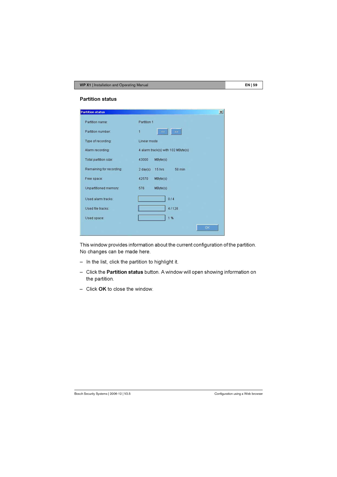 Bosch Appliances VIP X1 manual Partition status 