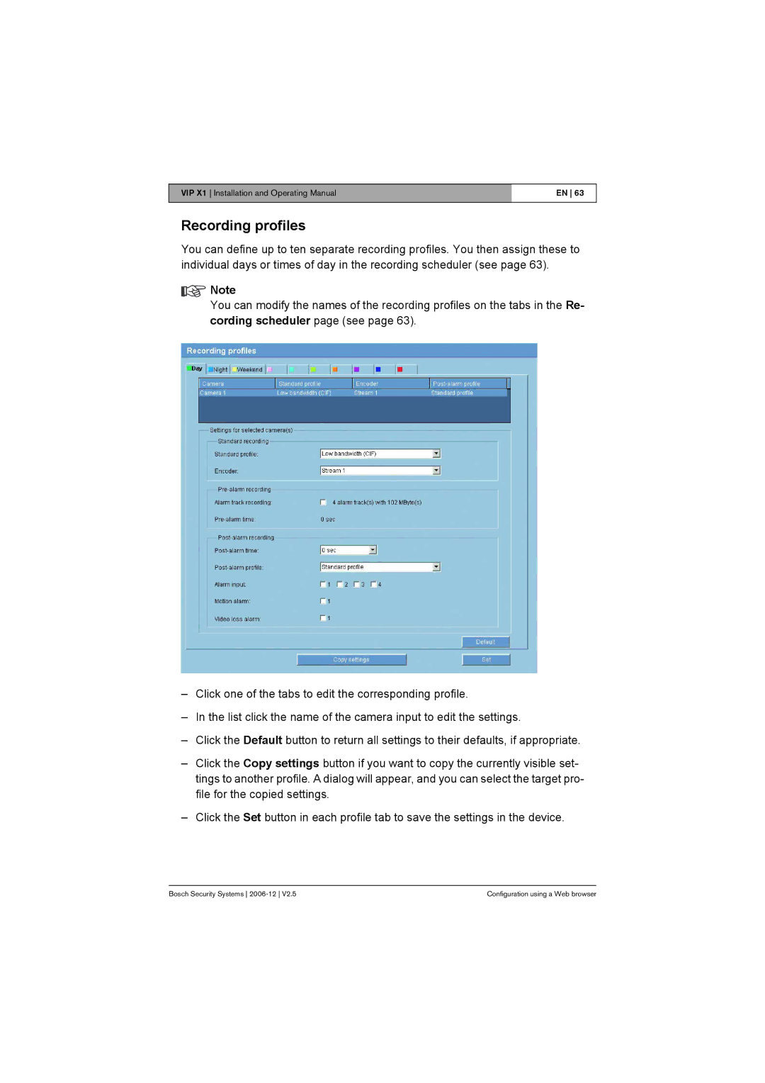 Bosch Appliances VIP X1 manual Recording profiles 