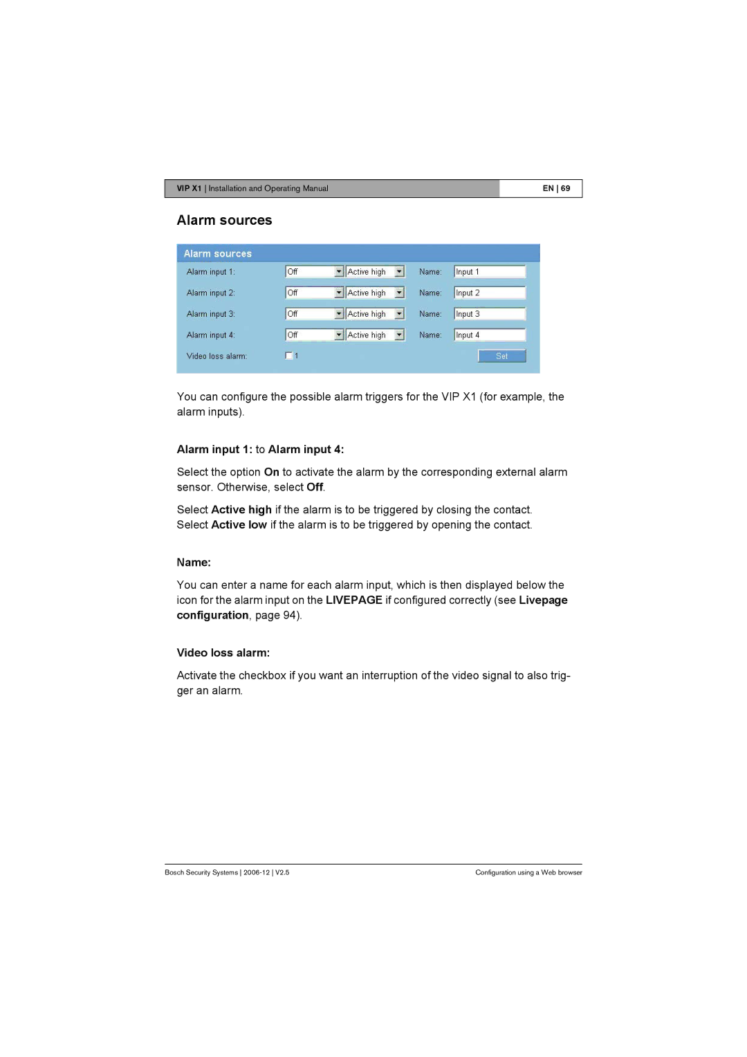 Bosch Appliances VIP X1 manual Alarm sources, Alarm input 1 to Alarm input, Name, Video loss alarm 