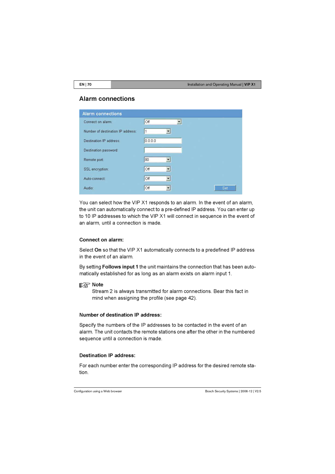 Bosch Appliances VIP X1 Alarm connections, Connect on alarm, Number of destination IP address, Destination IP address 