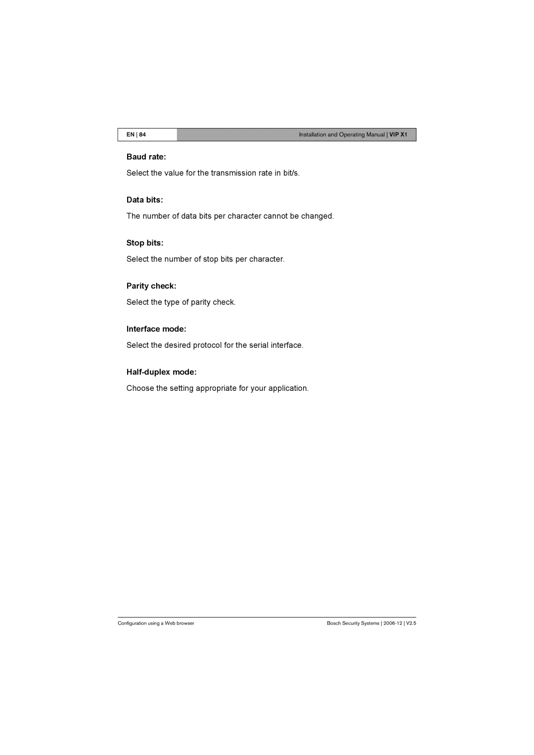 Bosch Appliances VIP X1 manual Baud rate, Data bits, Stop bits, Parity check, Interface mode, Half-duplex mode 