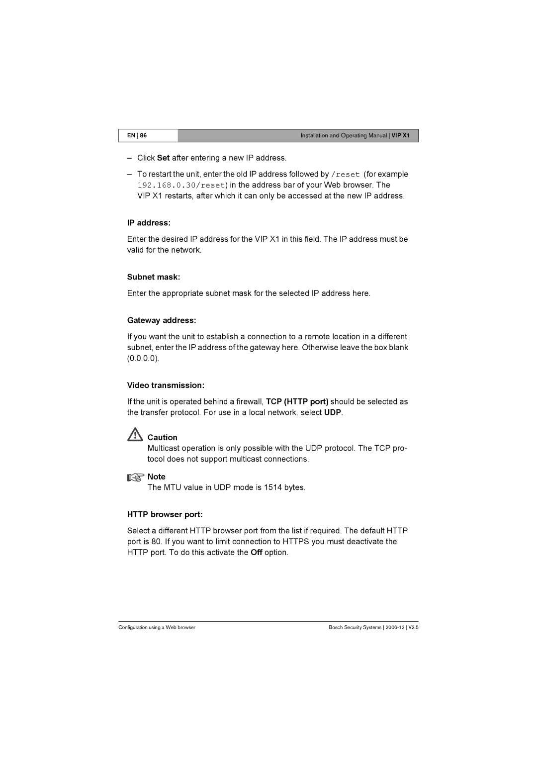 Bosch Appliances VIP X1 manual IP address, Subnet mask, Gateway address, Video transmission, Http browser port 