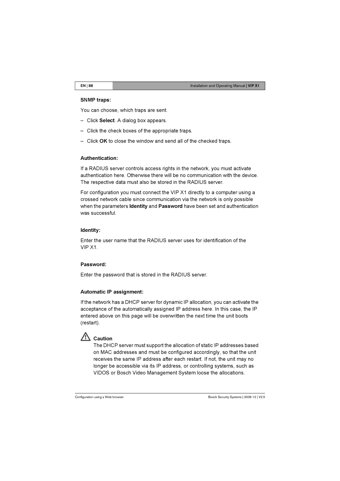 Bosch Appliances VIP X1 manual Snmp traps, Authentication, Identity, Automatic IP assignment 