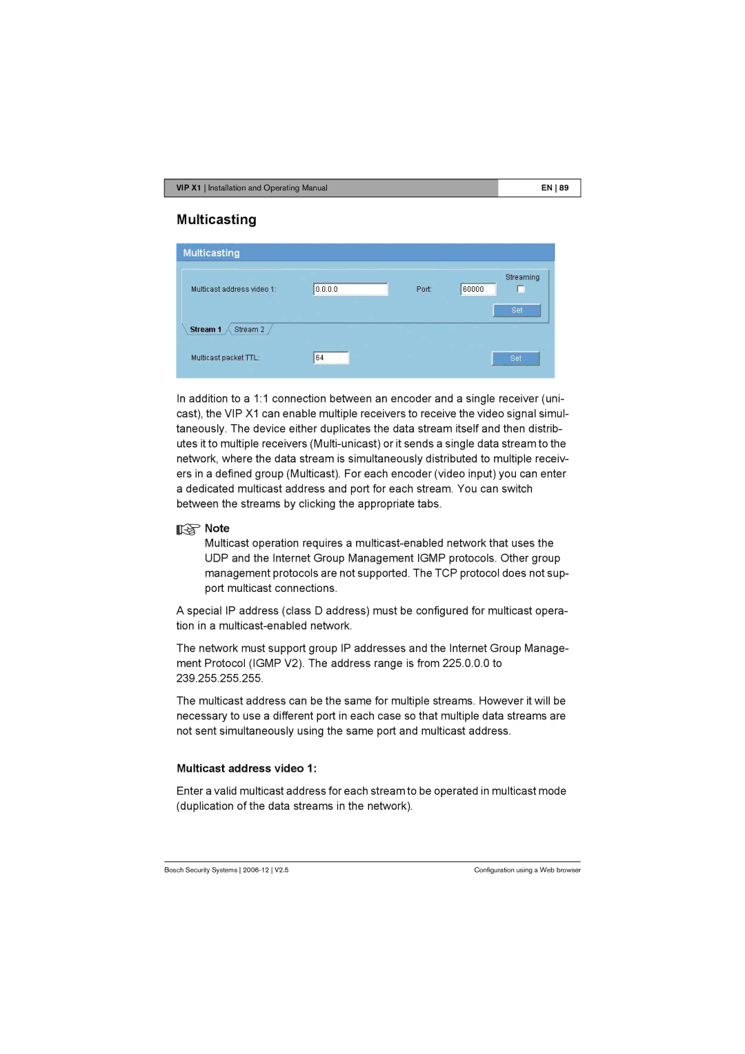 Bosch Appliances VIP X1 manual Multicasting, Multicast address video 